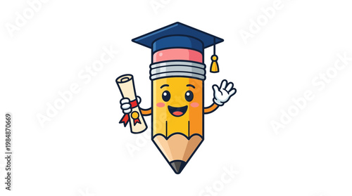 Graduated pencil cartoon character smiling.