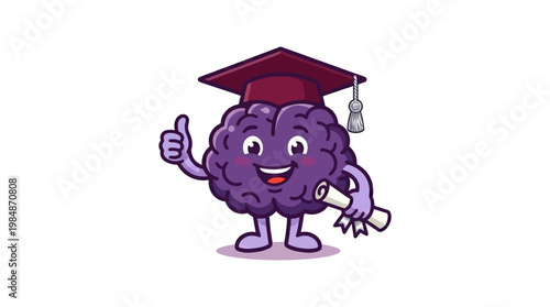 Purple Brain Wearing Graduation Cap Smiling.
