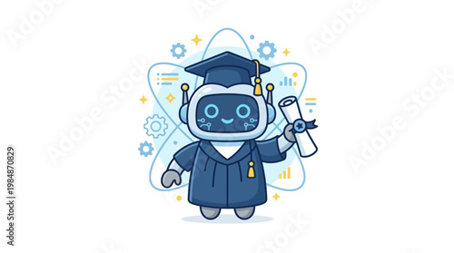 Robot wearing graduation cap gown.
