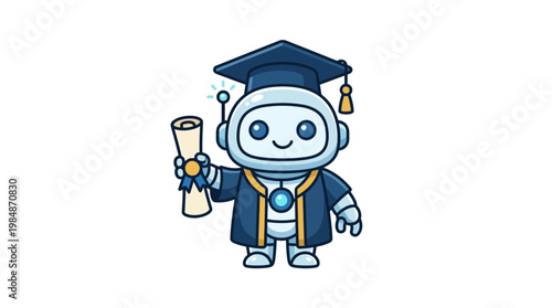 Robot wearing graduation cap gown.