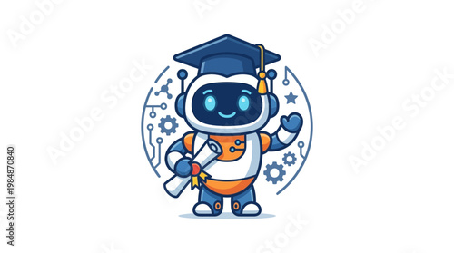 Robot Wearing Graduation Cap Smiling.