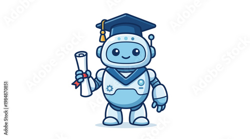 Robot Wearing Graduation Cap Holding Diploma.