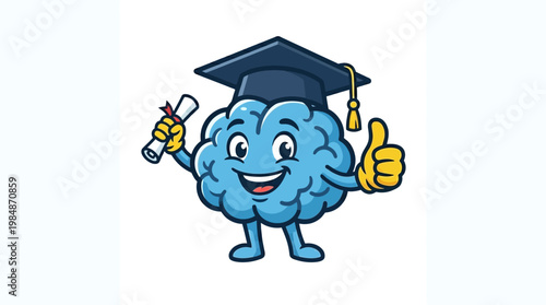 Smiling Brain Character Wearing Graduation Cap.
