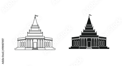Two neoclassical building depictions a detailed silhouette on transparent background