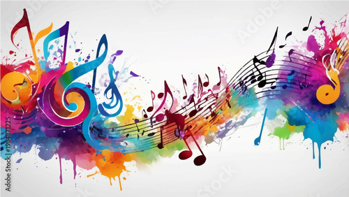 A vibrant watercolor artwork showcases an artistic cascade of musical notes and symbols in a kaleidoscope of colors, evoking the energy of sound.