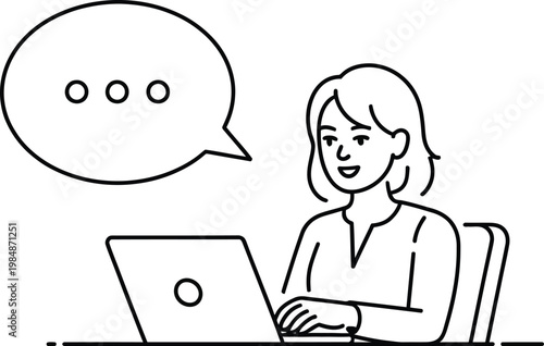 Line drawing woman talking on laptop, speech bubble, minimalist illustration, communication concept, business vector icon