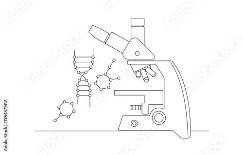 Laboratory microscope and dna . Vector icon on the theme of bioengineering and biohacking. Banner with an illustration
