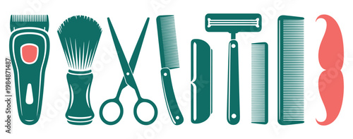 Assorted grooming tools including brushes, scissors, and combs displayed in a row