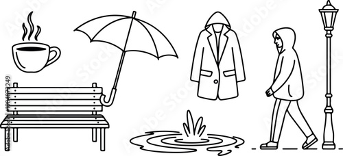 Rainy day icons set with umbrella park bench coffee cup puddle and person in raincoat line art illustration.