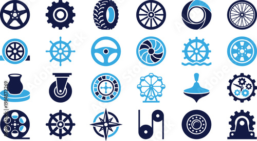 Collection of industrial and mechanical icons including wheels gears and navigational elements.
