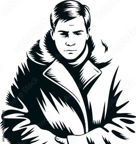 Man trench coat portrait dark style illustration serious expression strong features isolated vector art.