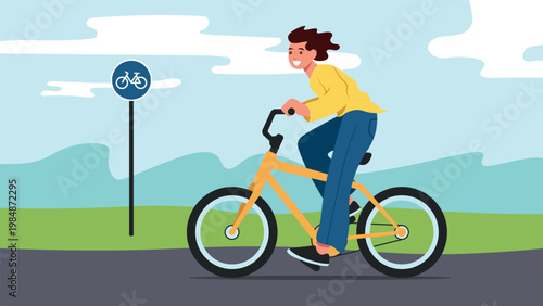 Healthy Lifestyle Character Cycling on Road. Flat Vector Illustration