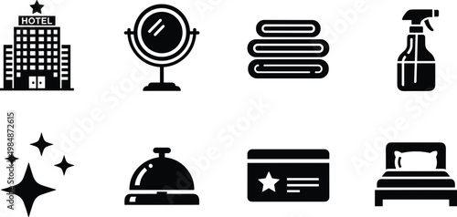 Black Silhouette Hotel Service Icons Set Featuring Building Mirror Towel Spray Bell Card and Bed on White Background