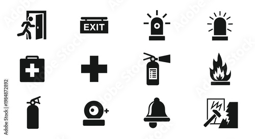 A collection of black safety and emergency icons depicting exits alarms and first aid in silhouette high quality professional detailed modern