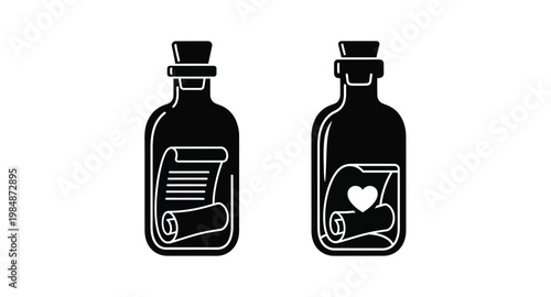 Two glass bottles with messages inside on transparent background silhouette