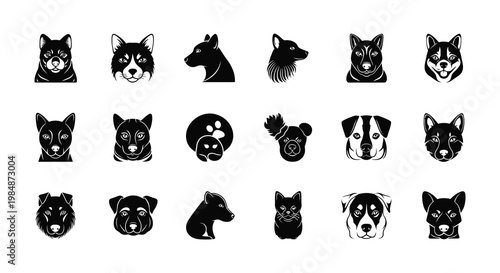 A collection of diverse dog and cat head portraits rendered in bold black creating a striking silhouette high quality professional detailed