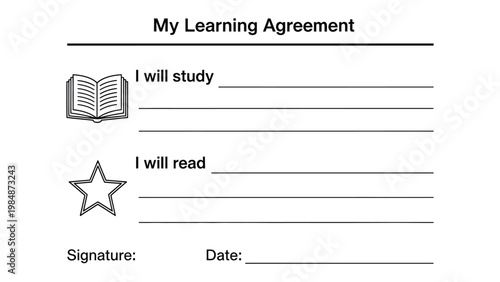 Learning Agreement: A simple learning agreement, featuring lines for commitments, an illustration of a book and a star, ready for commitments and signatures. 