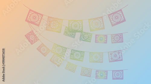 Colorful mexican papel picado banner with intricate designs on strings hanging down in gradient background for party decoration  festive atmosphere