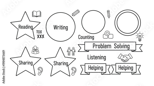 Essential Learning Concepts: A conceptual illustration highlighting core educational skills and values, symbolizing knowledge acquisition and collaborative growth.