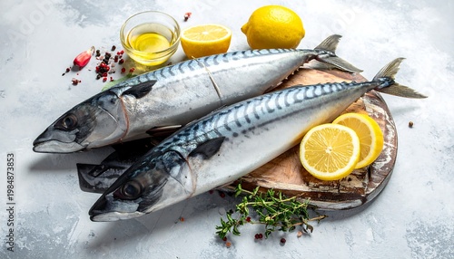Two mackerel fish on wood, lemon slices, herbs, spices, oil, on a gray textured background