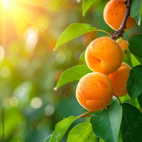 Apricots ripen in sunlight, dew drops on their fuzzy skin, among green leaves