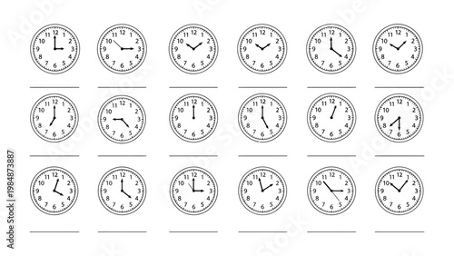 Time's Journey: A visual odyssey through the intricate dance of time, as a collection of clocks elegantly captures the essence of each hour. 