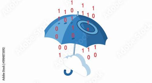 Cybersecurity Concept: Blue Umbrella Protecting Cloud Data from Binary Code Rain