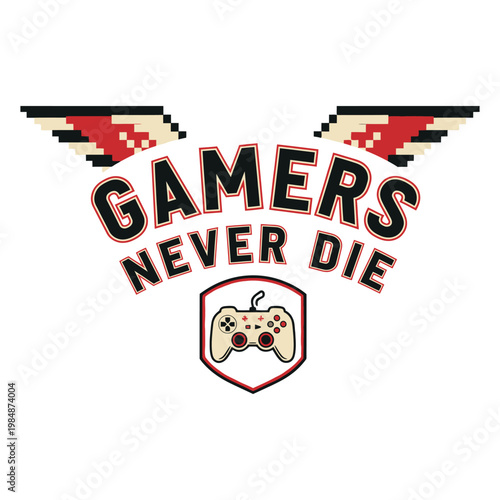 Gamers Never Die logo with pixelated wings and gaming controller design