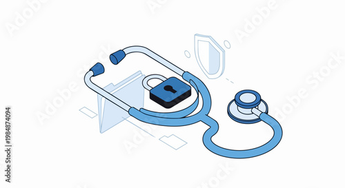 Healthcare Cyber Security Concept: Isometric Stethoscope and Padlock Illustration representing Medical Data Privacy, HIPAA Compliance, and Secure Patient Records