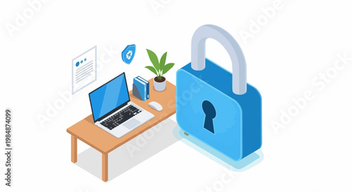 Isometric Cybersecurity Concept with Giant Padlock and Laptop on Office Desk for Data Protection and Digital Privacy