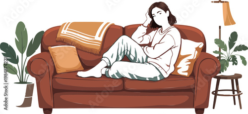Tired young girl resting on comfortable brown couch with orange pillows and blanket home interior vector image.
