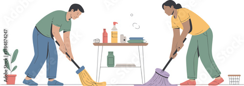 People cleaning floor with mop and broom. vector illustration flat design. man and woman characters together.