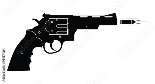 A black revolver discharges a bullet in a dynamic composition shown as a stark dramatic silhouette high quality professional detailed modern