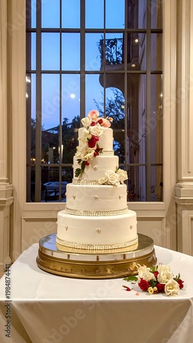 Tiered cake on table by a window with roses; night sky background