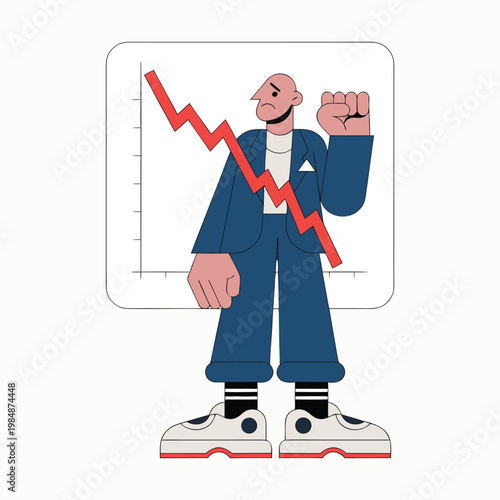 Sad businessman looking at a falling red market line graph representing financial loss flat vector illustration