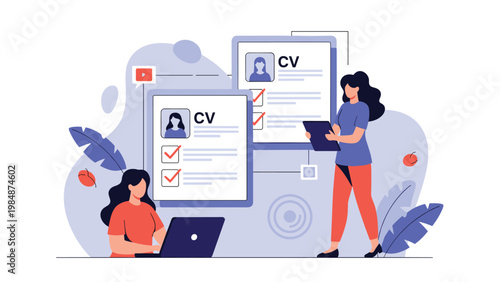 Two women analyzing candidate CV resumes on a digital screen representing human resources recruitment and talent acquisition process.