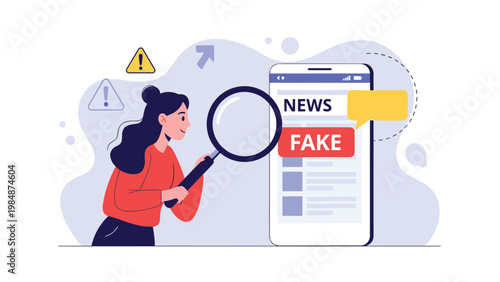 Young woman using a magnifying glass to inspect fake news on a smartphone screen representing digital media literacy and verification.