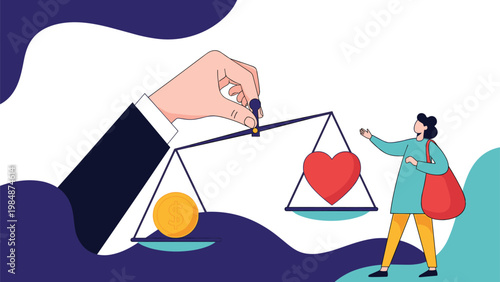 Hand balancing a gold coin and a red heart on a scale representing the struggle between money and love or work life balance.