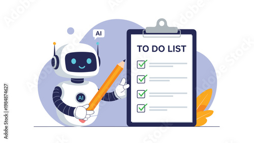 Friendly robot with a pencil checking items on a large to-do list representing artificial intelligence in task management and automation.