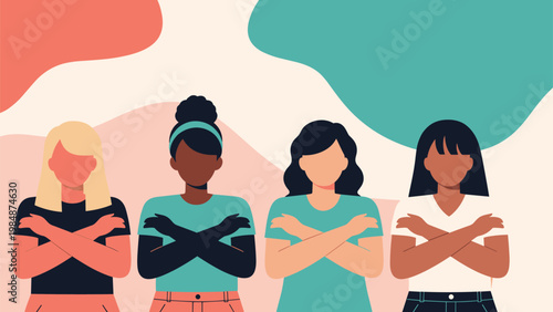 Diverse women standing together with arms crossed over their chests representing international womens day and the break the bias campaign.