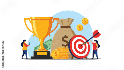 Giant gold trophy, money bag, and a target representing business success, achievement, and winning a financial competition.