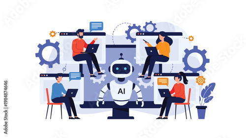 Artificial intelligence robot assisting people with laptops on digital browser windows representing automated collaboration and smart workflows.