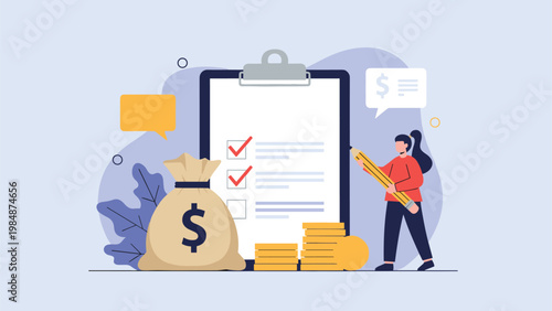 Woman with a giant pencil checking a large clipboard next to a bag of money representing financial auditing and budget review.