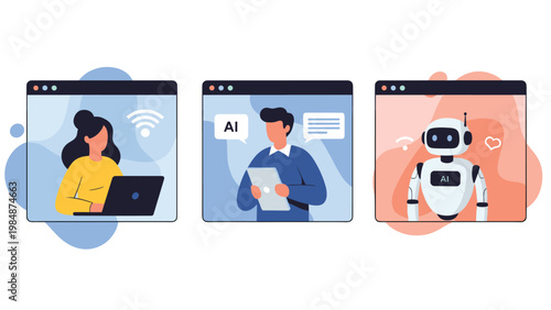 Three digital windows showing a woman, a man, and a robot representing hybrid remote teams and artificial intelligence collaboration.