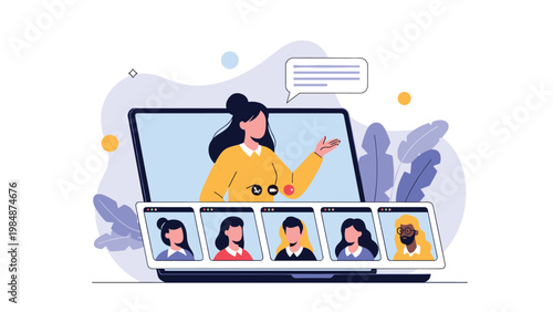 Female teacher conducting an online video conference lesson with students on a laptop representing digital education and remote learning.