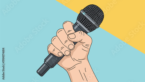 Human hand holding a professional microphone against a split blue and yellow background representing public speaking and broadcasting.
