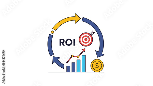 Return on investment concept with circular arrows, target, and growth bar chart representing financial success and profitability.