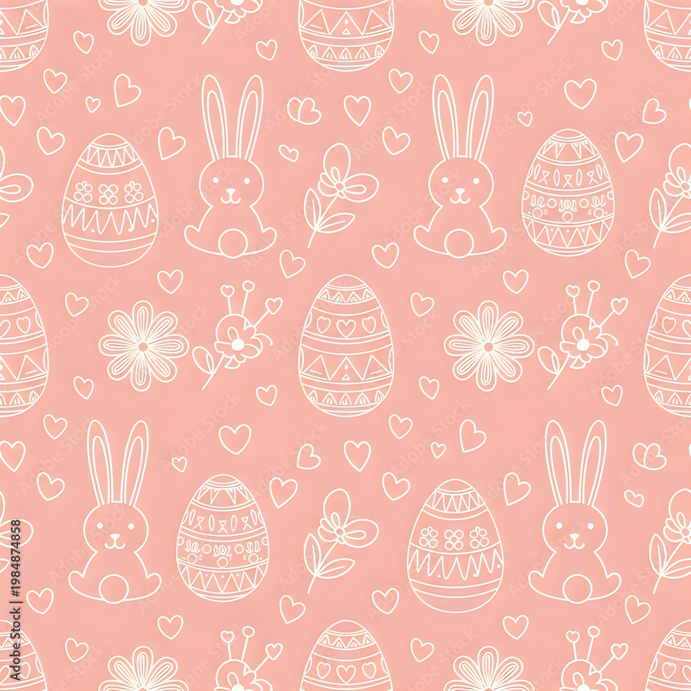 Cute hand drawn Easter seamless pattern with bunnies, flowers, easter eggs, beautiful background, great for Easter Cards, banner, textiles, wallpapers - vector design