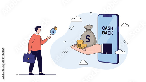 Person receiving a bag of money and coins as cashback reward through a smartphone app representing mobile banking and financial deals.