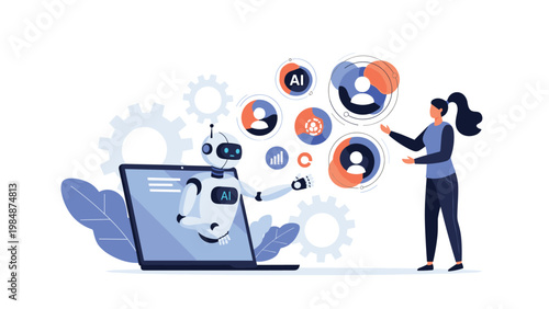 Artificial intelligence robot assisting a woman with user profile management and recruitment process automation from a laptop.